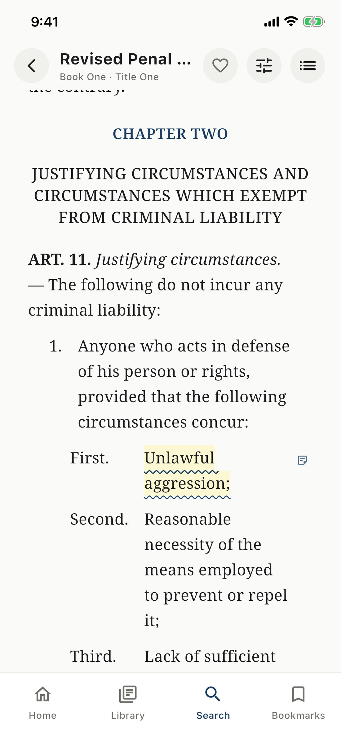 Article 11 of the Revised Penal Code, with a highlight and a note