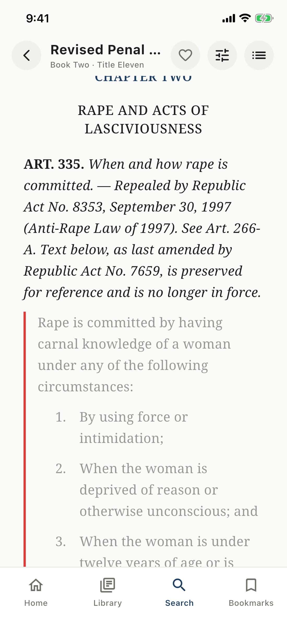 Article 335 of the Revised Penal Code, repealed: the note names Republic Act No. 8353 and the original text is kept, dimmed, behind a red rule