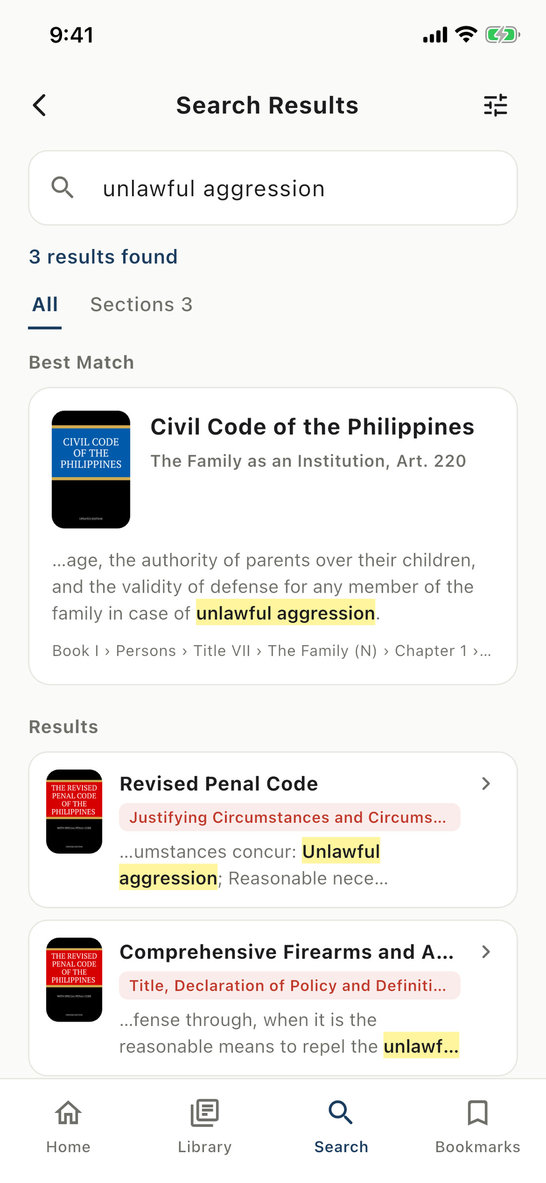 Search results for unlawful aggression, each on its own section