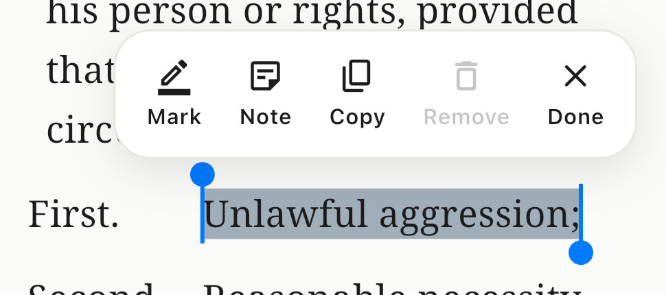 The reader's selection bar: Mark, Note, Copy, Remove, Done